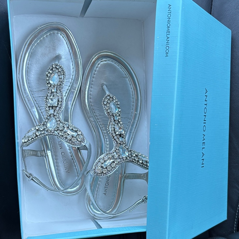 ANTONIO MELANI Silver Jeweled T-Strap Sandals 7M Wedding